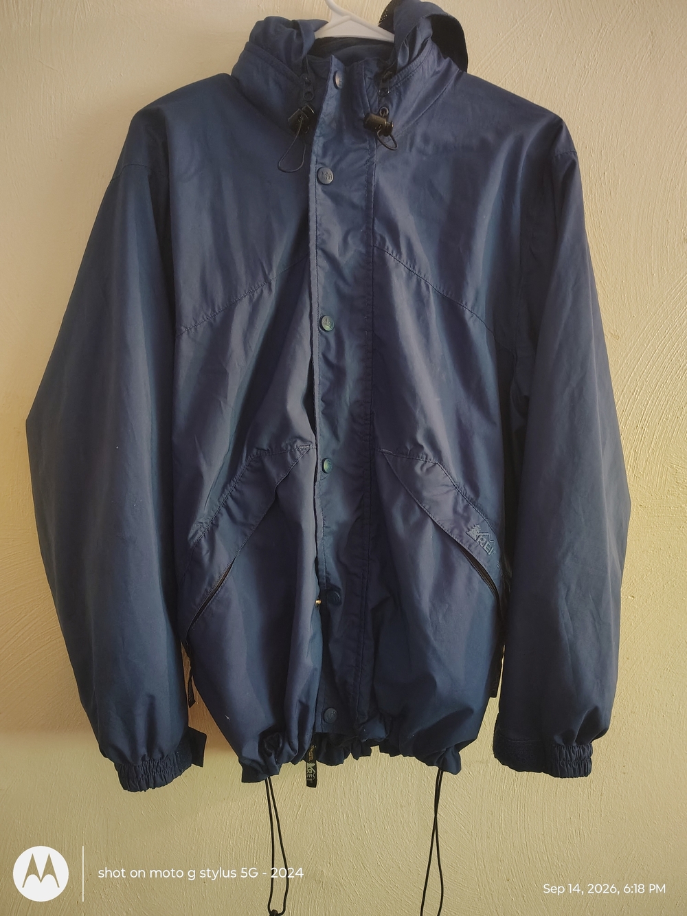 REI Blue Hooded Windbreaker Jacket XS Mens Full Zip Snap Logo